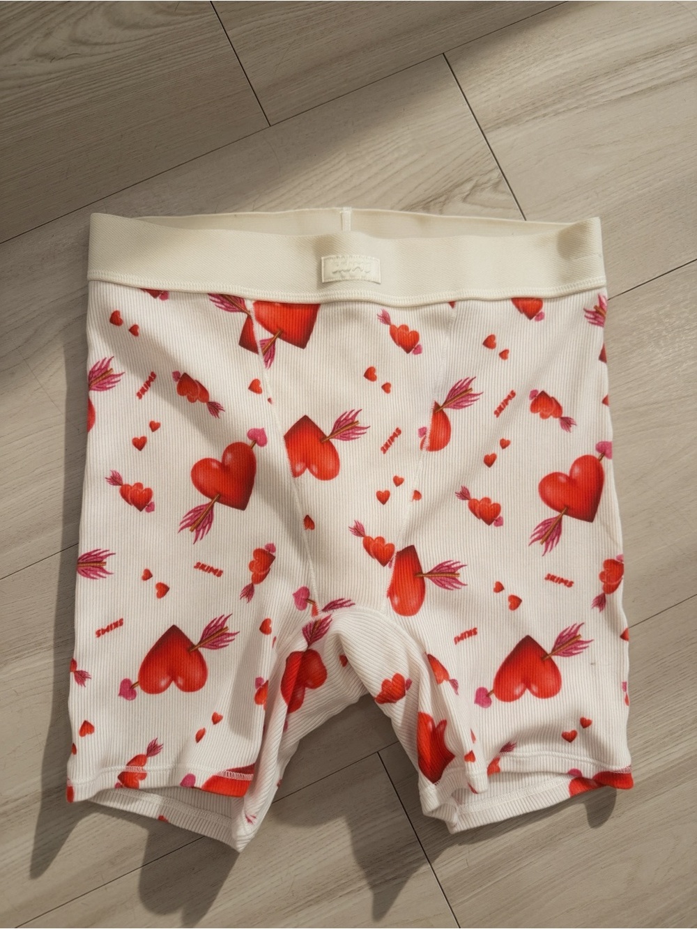 Skims Heart Print White & Red Bike Shorts